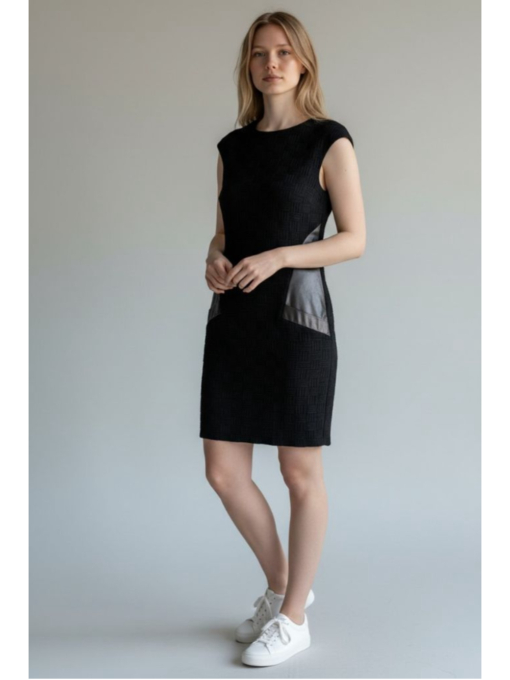 RENA LANGE Black Mini Dress with Lamb Leather Inserts Size 44 6 8